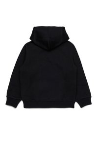 Schwarzer Kapuzenpullover mit weicher Textur, ausgestattet mit einer Kängurutasche, gerippten Bündchen und Saum sowie einem schlichten, unverzierten Design.