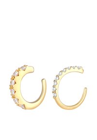 Guld hoop øreringe med et buet design. Den ene ørering har klare ædelsten langs den ene kant; den anden har en række marquise-slebne sten.