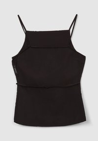 Top nero senza maniche con sottili spaghetti, design aderente, texture liscia e dettaglio con vita arricciata per una silhouette strutturata.