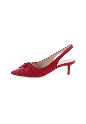 Red leather slingback heels featuring a pointed toe and a knotted design at the front, with a low, square-shaped heel.