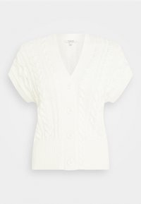 Weißer gestrickter Cardigan mit V-Ausschnitt, kurzen Ärmeln, fünf Knöpfen und durchgehend sichtbarem Zopfmuster im Stoff.