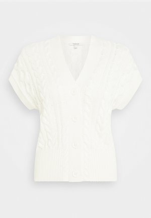 Balta megzta kardiganas su V formos iškirpte, trumpomis rankovėmis, penkiomis mygtukais ir visame audinyje matoma pintinė raštas.