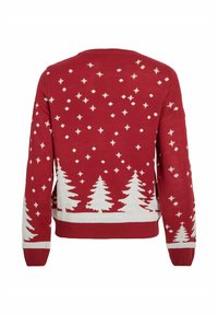 Punane kootud sviiter, millel on valged jõulupuu ja tähe mustrid, ümmargune kaelus, pikad varrukad ning soonikuline serv ja hem. Pehme kootud materjal.