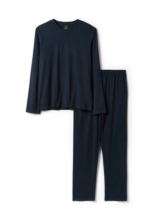 Haut uni bleu foncé à manches longues assorti à un pantalon long taille élastique, posé à plat sur fond blanc.