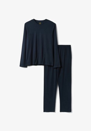 Haut uni bleu foncé à manches longues assorti à un pantalon long taille élastique, posé à plat sur fond blanc.