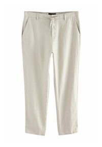 Pantaloni beige chiaro realizzati in tessuto morbido, con vita regolabile tramite cordoncino, tasche laterali e design a gamba dritta con una superficie liscia.