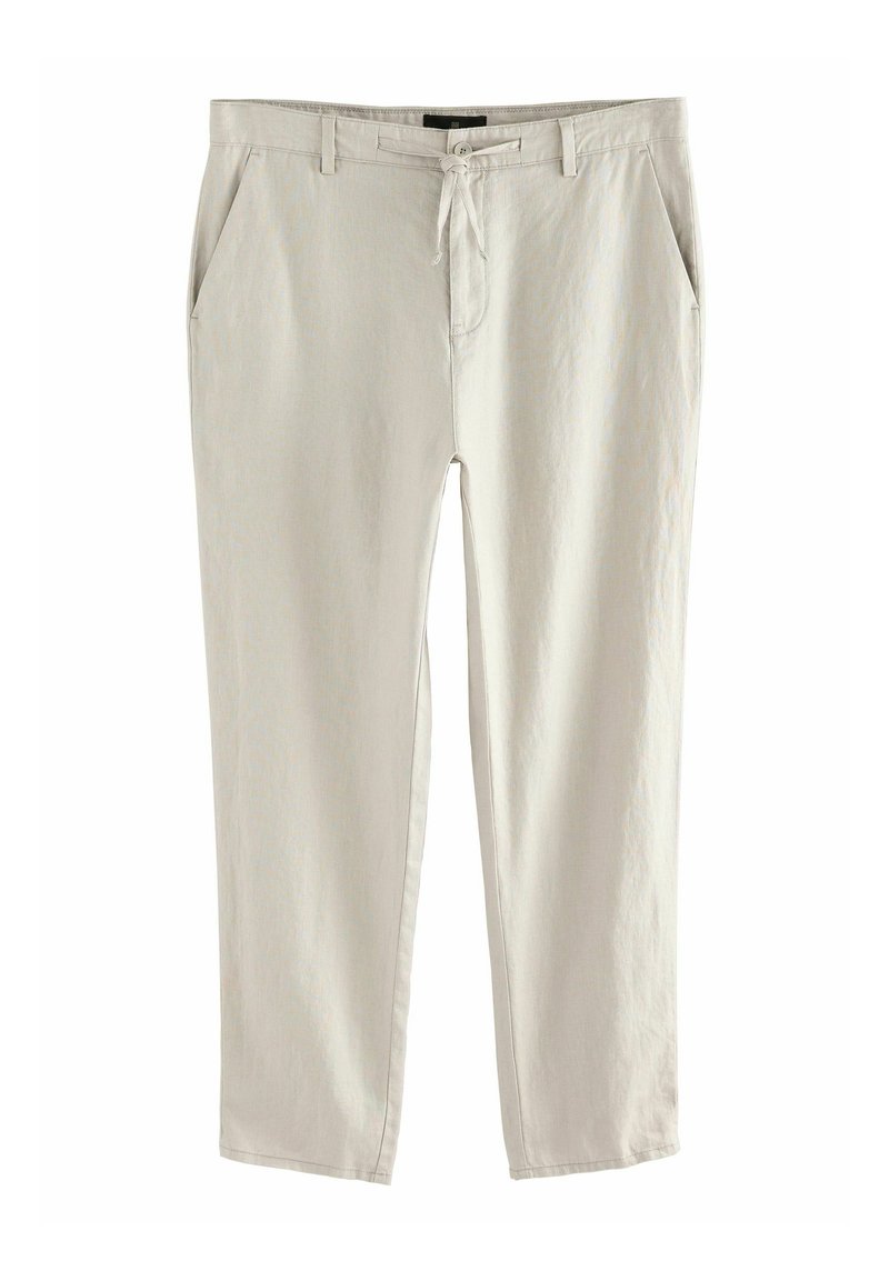Pantaloni beige chiaro realizzati in tessuto morbido, con vita regolabile tramite cordoncino, tasche laterali e design a gamba dritta con una superficie liscia.