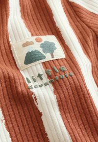 Rooste- ja valge soonikkangas, millel on õmmeldud mäe, puu, päikese ja pilve plaastriga ning tikitud tekst "väike seiklus".