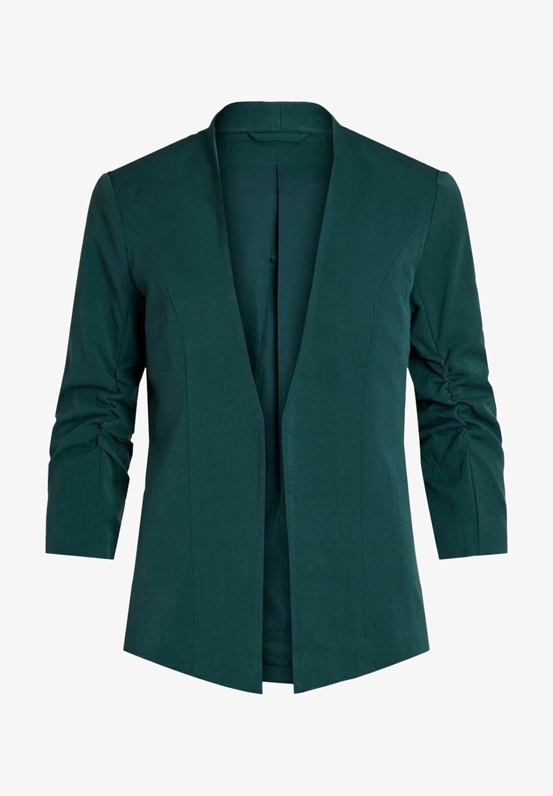 Blazer vert foncé ouvert sur l'avant avec des manches trois-quarts froncées et une coupe cintrée.