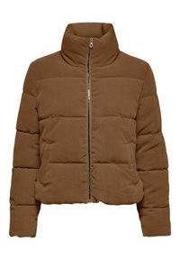 Bruine corduroy puffer jacket met een hoge kraag, ritssluiting aan de voorkant en horizontaal doorgestikt ontwerp. Voorzien van twee zijzakken.