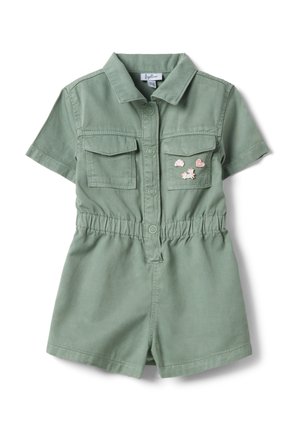 Combinaison courte en coton à manches courtes vertes avec boutons-pression à l'avant, deux poches à rabat sur la poitrine, taille élastique et badges décoratifs en épingle sur la poche gauche.