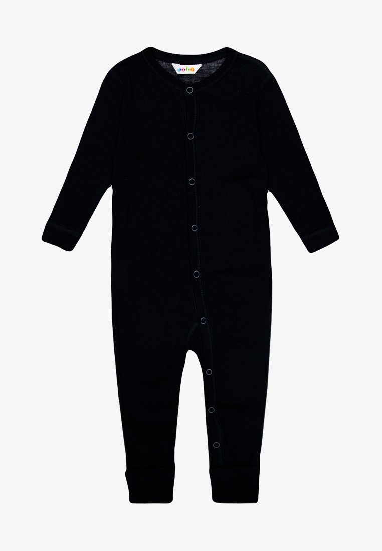 Overall nero a maniche lunghe realizzato in morbido tessuto, dotato di chiusura anteriore a scatto e polsini a coste su maniche e caviglie. Tessuto liscio.