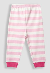 Rózsaszín és fehér vízszintes csíkos gyermek leggings rugalmas derékkal és egyszínű rózsaszín passzékkal világos alapon.
