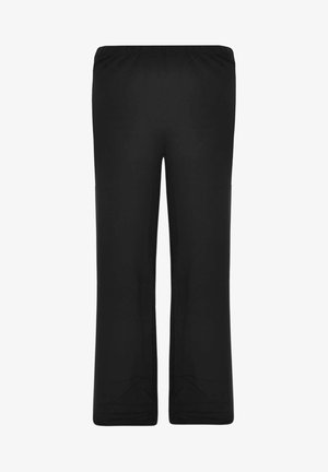 Zwarte elastische taillebandbroeken met een recht gesneden ontwerp, gladde textuur, geen patronen en zijzakken voor functionaliteit.