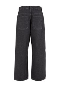 Black denim wide-leg pants with a high waist, featuring two back pockets and subtle stitching details. Smooth texture, casual design.