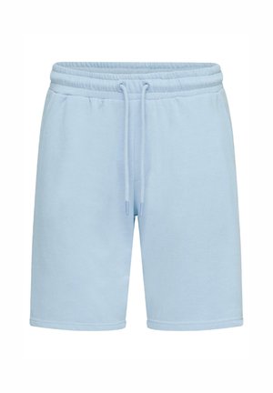 Hellblaue Shorts mit elastischem Bund, vorderen Taschen und verstellbarem Kordelzug, aus weichem Stoff gefertigt.