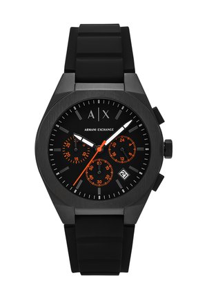 Black Armani Exchange wristwatch with black dial, orange chronograph subdials, white hands, date window, and black silicone strap.