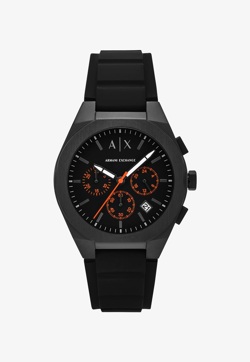 Zwarte Armani Exchange polshorloge met zwarte wijzerplaat, oranje chronograaf subwijzerplaten, witte wijzers, datumvenster en zwarte siliconen band.