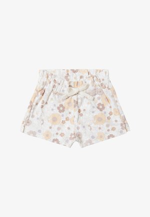 Blumige Shorts aus weichem Stoff, mit einem weißen Hintergrund und pastellfarbenen Blumen in Gelb, Lila und Braun sowie einem verstellbaren Bund.