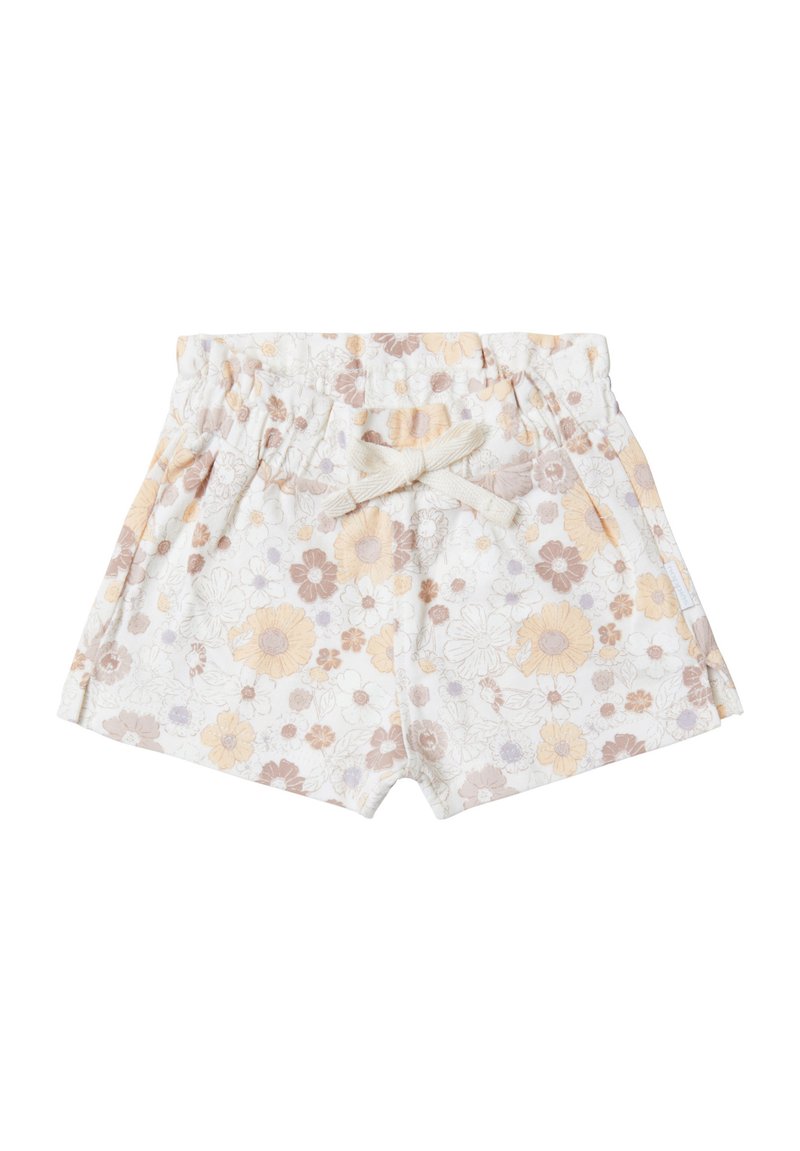 Bloemige shorts van zachte stof, met een witte achtergrond en pastelbloemen in geel, paars en bruin, en een verstelbare tailleband.