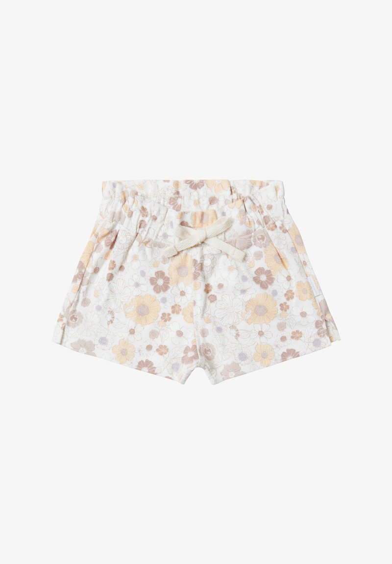 Bloemige shorts van zachte stof, met een witte achtergrond en pastelbloemen in geel, paars en bruin, en een verstelbare tailleband.