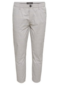 Vaaleanharmaat housut, joissa on hienovarainen ruutukuvio, vetoketjullinen etumaski, napillinen suljenta ja sivutaskut. Valmistettu kevyestä kankaasta.