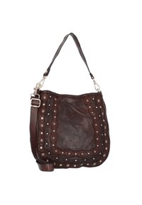 Borsa a tracolla in pelle marrone con accenti di motivo floreale cuciti, hardware di colore argento e una singola tracolla regolabile.