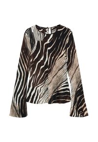Blusa a maniche lunghe in tessuto leggero con stampa zebra in tonalità di nero, marrone e crema. Dettaglio sul retro a forma di chiave.
