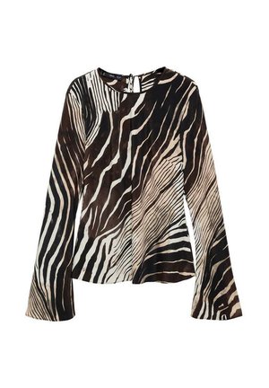Lange mouwen blouse van lichtgewicht stof met een zebraprint in tinten zwart, bruin en crème. Detail met keyhole achterkant.