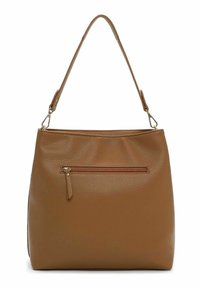 Bolso de cuero marrón con superficie texturizada, una correa para el hombro y un bolsillo frontal con cremallera. Forma redondeada y sin herrajes visibles.