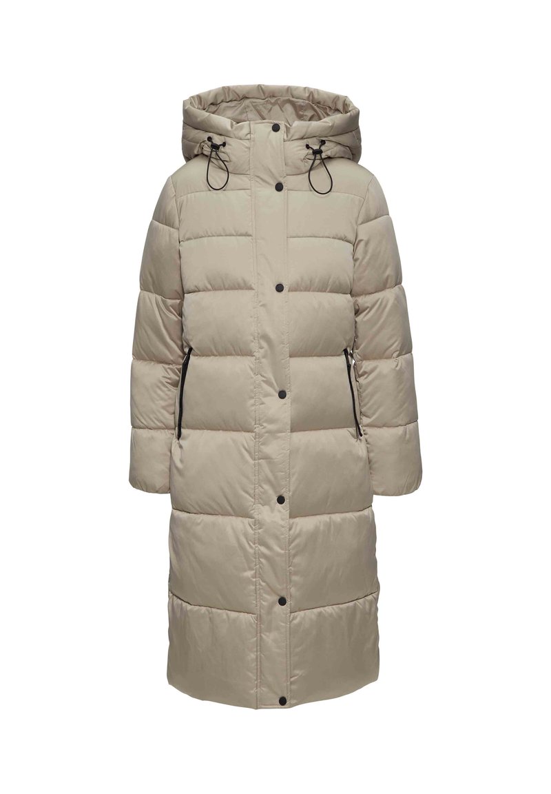 Beige Daunenjacke mit Kapuze, mit horizontalen Steppnähten, schwarzen Reißverschlusstaschen und verstellbaren Kordeln an der Kapuze.