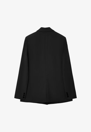 Schwarzer, maßgeschneiderter Blazer mit scharf geschnittenem Revers, einem einzigen Schlitz und vier Knöpfen an jedem Ärmel. Glattes Gewebe mit strukturiertem Design.