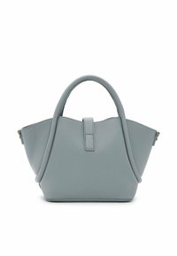 Grijze leren handtas met een gestructureerd ontwerp, dubbele bovenhandgrepen en een vlakke bodem. Glad oppervlak met een veilige sluitband aan de voorkant.