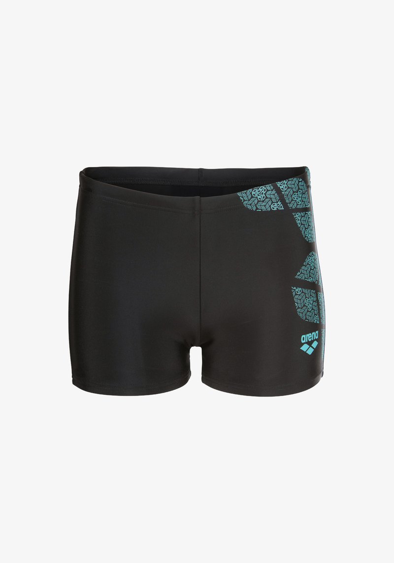 Costume da bagno nero con un accento decorativo turchese sul lato e logo "arena". Il tessuto ha una texture liscia, progettato per attività acquatiche.