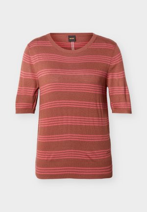 Kratka rjava majica z dolgimi rokavi z vodoravnimi roza črtami, z okroglim vratom, rebrastimi manšetami in spodnjim delom ter majhnim vezenim logotipom blizu spodnjega roba.