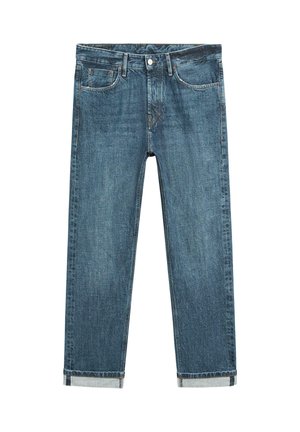 Blue denim jeans with rolled cuffs, front button, zipper, and five-pocket design, displayed flat on white background.