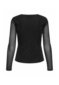 Top nero a maniche lunghe con maniche in mesh trasparente e un leggero effetto brillante su tutto il tessuto, mostrato di spalle.