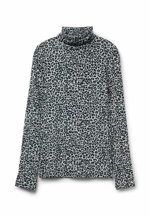 Langarm-Top mit Stehkragen in Hellgrau mit einem schwarz-weißen Leopardenmuster. Weicher Stoff mit glatter Textur und taillierter Silhouette.