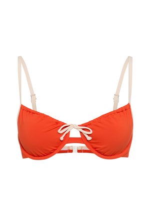 Πορτοκαλί τοπ μπικίνι με επενδυμένα κύπελλα, ρυθμιζόμενους εκρού ιμάντες, κεντρικό δέσιμο και μεταλλικό κλιπ στο πίσω μέρος. Μαλακή υφή.