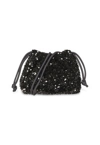 Bolsa drawstring negra con lentejuelas, de textura suave y forma redondeada. Presenta dos cuerdas grises para el cierre. Superficie brillante y reflectante.