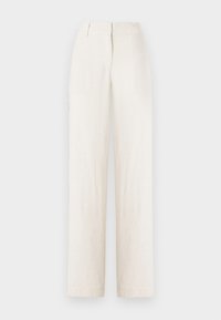 Pantaloni in lino di colore beige chiaro con design a gamba dritta, caratterizzati da una vita e pieghe frontali per un tocco di dettagli.