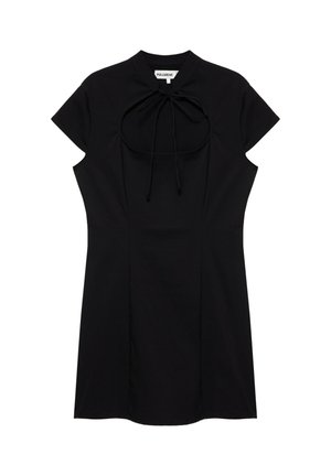 Mini-robe noire à manches courtes avec encolure ronde, découpe en forme d'œillet et détail noué à l'avant, taille ajustée, marque Pull&Bear.