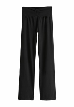 Schwarze weit geschnittene Hose aus glattem Stoff. Mit einem gerafften Taillenbund und einem lockeren Schnitt, der Bewegungsfreiheit und Komfort bietet.
