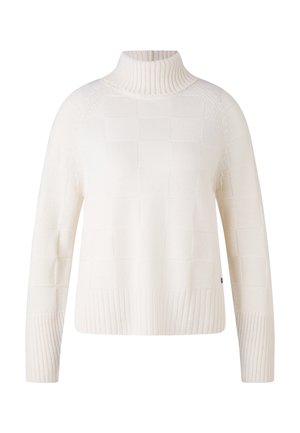 Bílý rolák se žebrovaným límcem, manžetami a lemem, se subtelným kostkovaným pleteným vzorem na těle a rukávech.