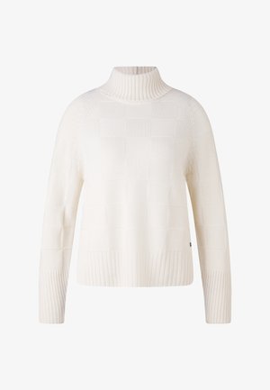 Bílý rolák se žebrovaným límcem, manžetami a lemem, se subtelným kostkovaným pleteným vzorem na těle a rukávech.