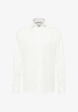 White long-sleeve button-up shirt made of smooth fabric. Features a classic collar, single-breasted front, and straight cuffs.