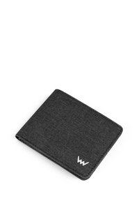 Black fabric wallet with a textured surface. Features a minimalist design and a white logo on the lower right corner. Folded, bi-fold shape.