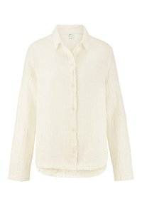Krémová košile na knoflíky vyrobená z texturované látky, s límcem, dlouhými rukávy a zaobleným lemem.