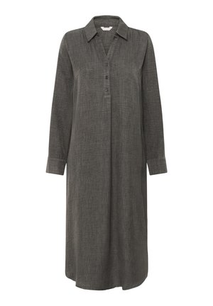 Abito a maniche lunghe di colore grigio scuro, realizzato in tessuto strutturato. Presenta un colletto, una chiusura con bottoni e una vestibilità ampia. Lunghezza midi con spacchi laterali.