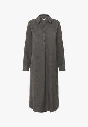 Ilga rankovė suknelė tamsiai pilkos spalvos, pagaminta iš tekstūruoto audinio. Su apykakle, mygtukų užsegimu ir laisvu siluetu. Midi ilgis su šoninėmis plyšiais.